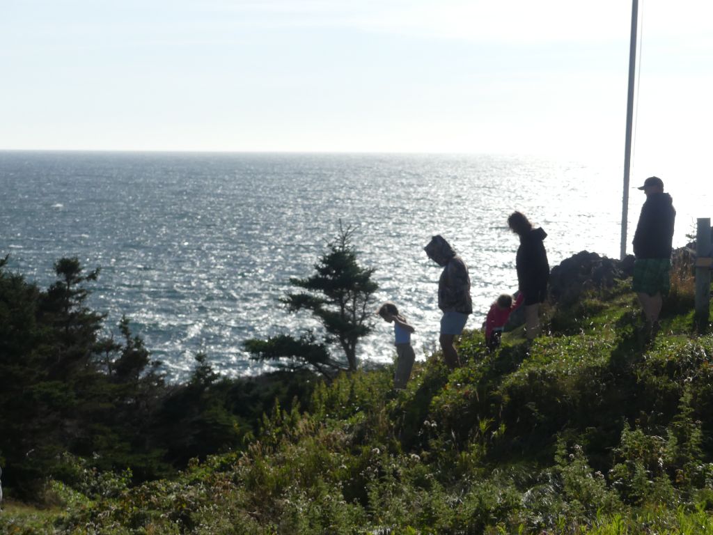 Family silhouetted on a coastal hillside