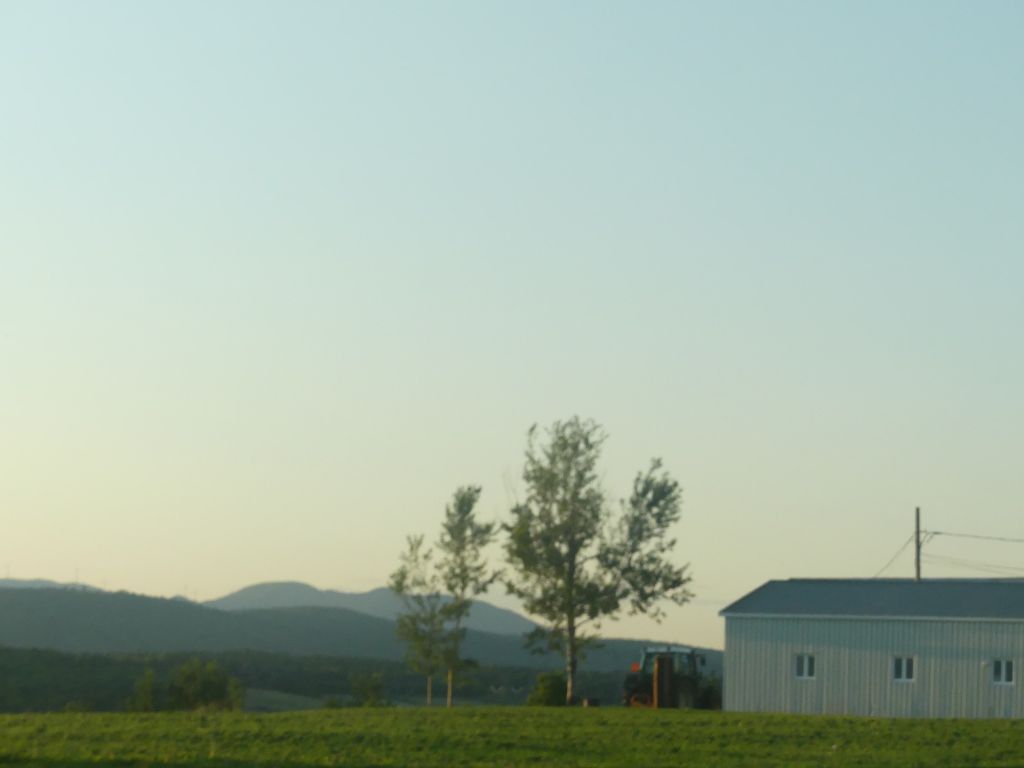Scenic countryside with trees and mountains at golden hour